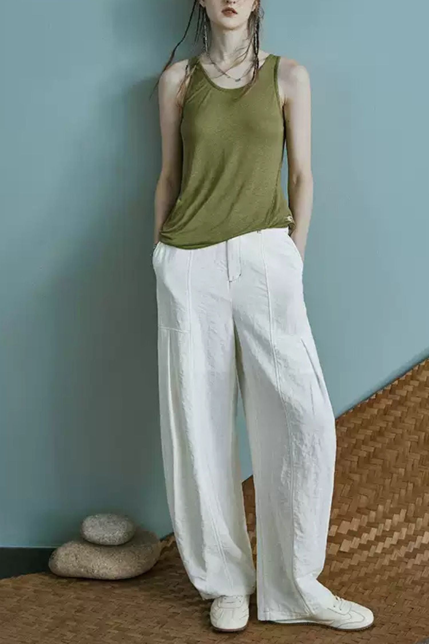 Loose Fit Linen Wide Leg Pants – High Waist with Pockets