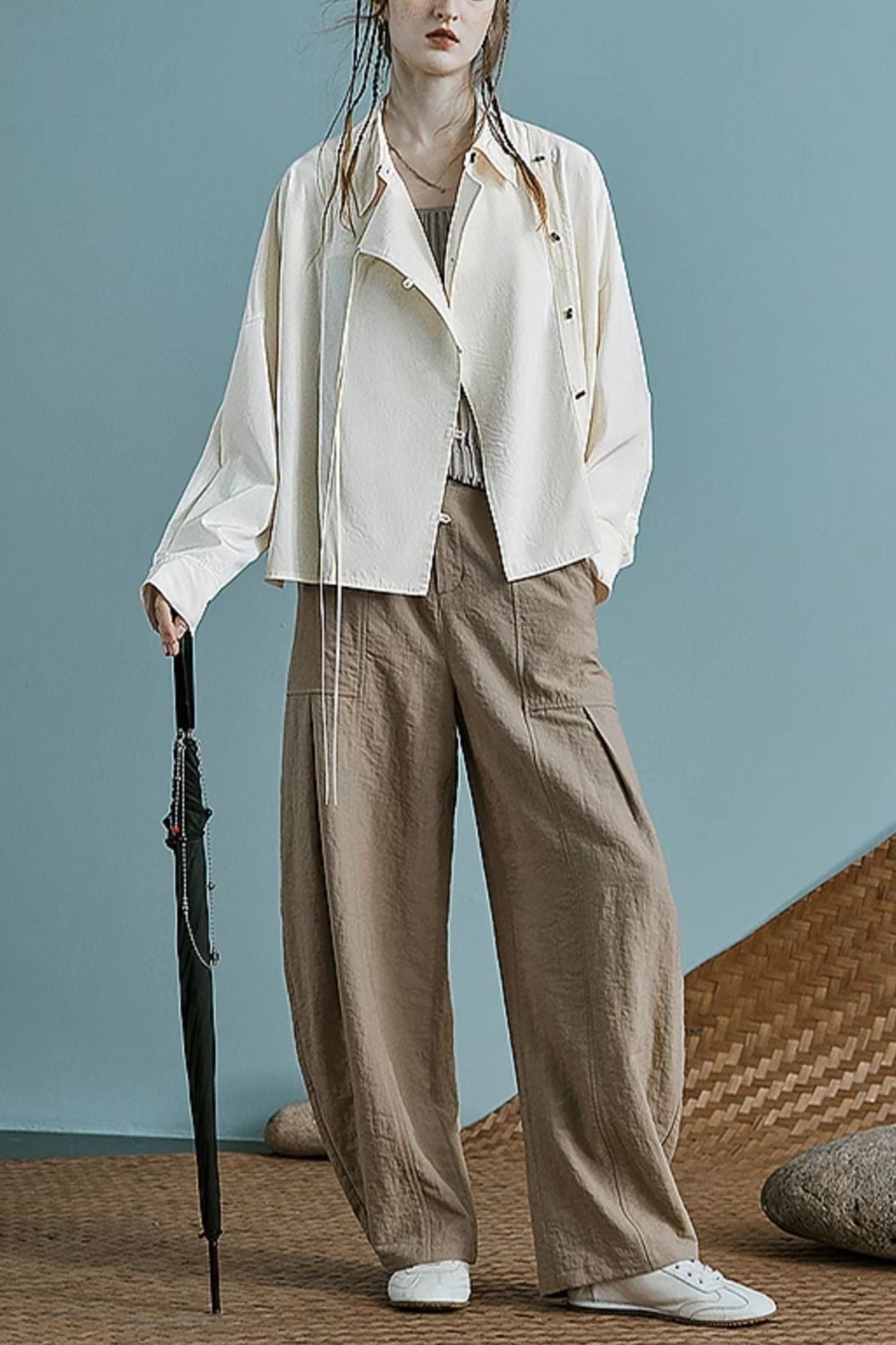 Loose Fit Linen Wide Leg Pants – High Waist with Pockets