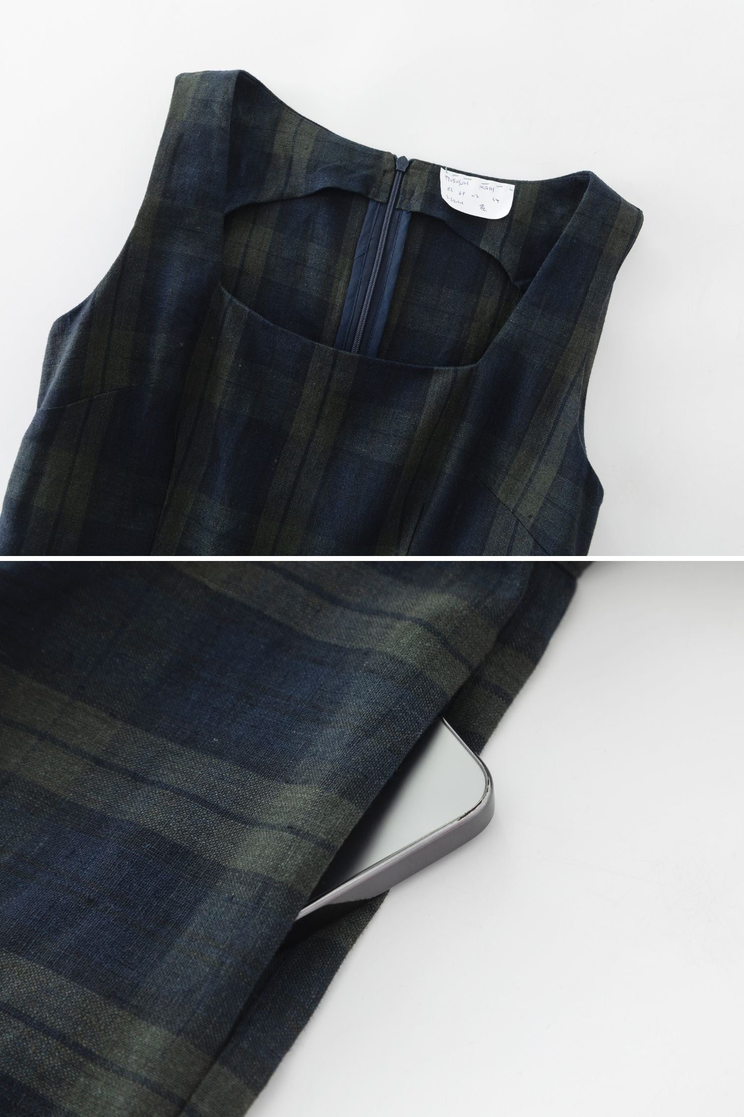 Plaid Linen Pinafore Midi Dress – Fit & Flare with Pockets