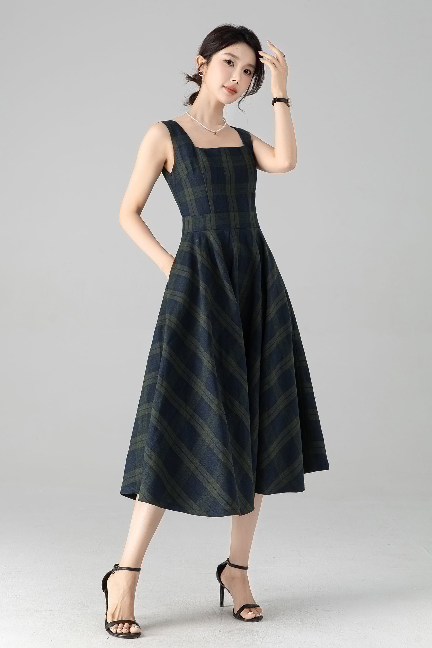 Plaid Linen Pinafore Midi Dress – Fit & Flare with Pockets