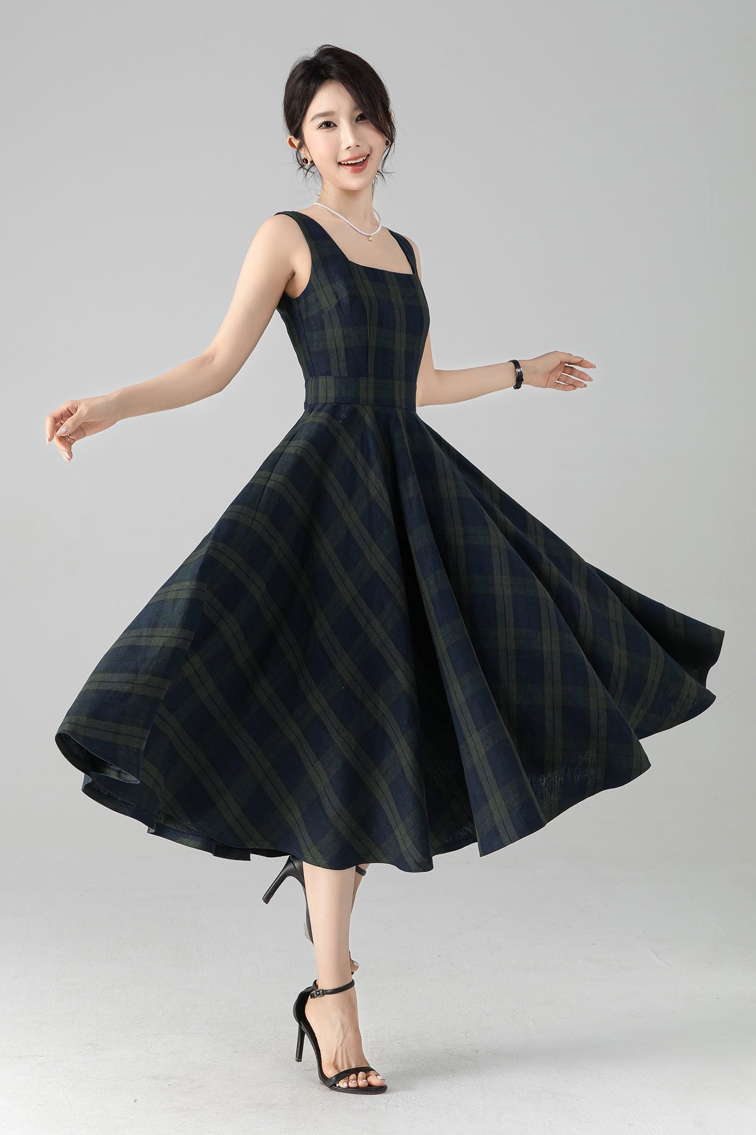 Plaid Linen Pinafore Midi Dress – Fit & Flare with Pockets