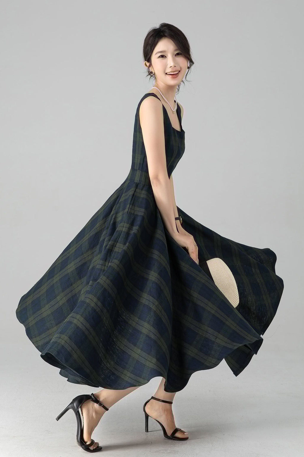 Plaid Linen Pinafore Midi Dress – Fit & Flare with Pockets