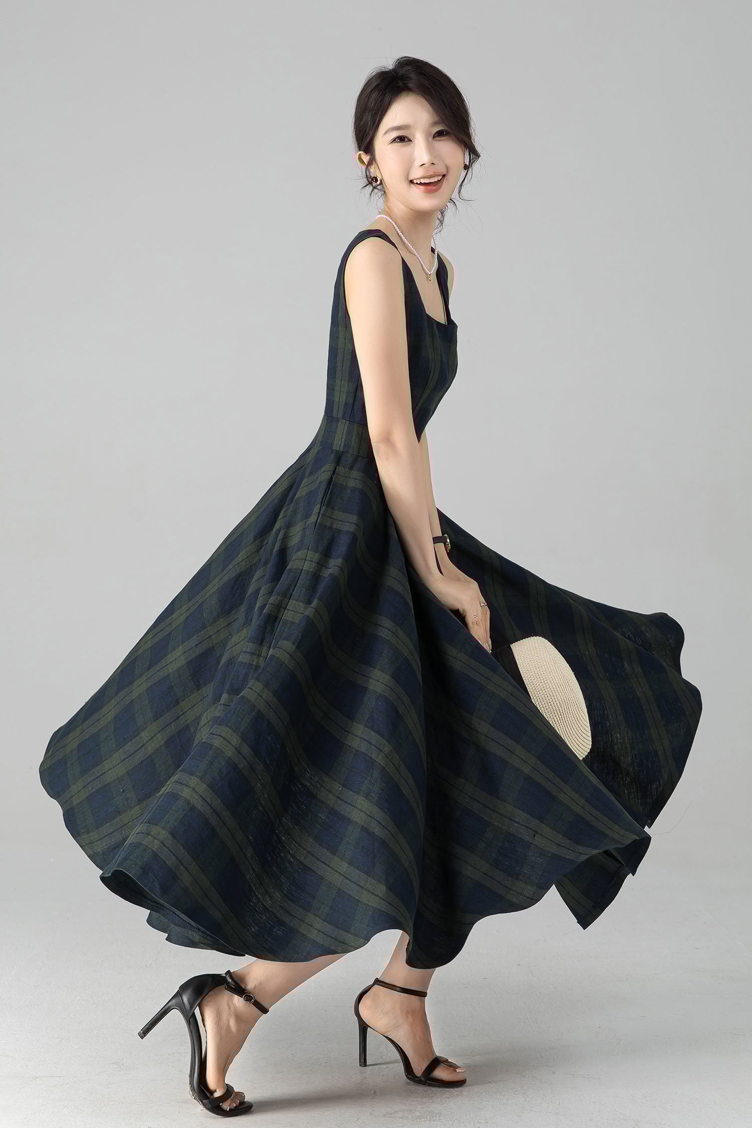 Plaid Linen Pinafore Midi Dress – Fit & Flare with Pockets