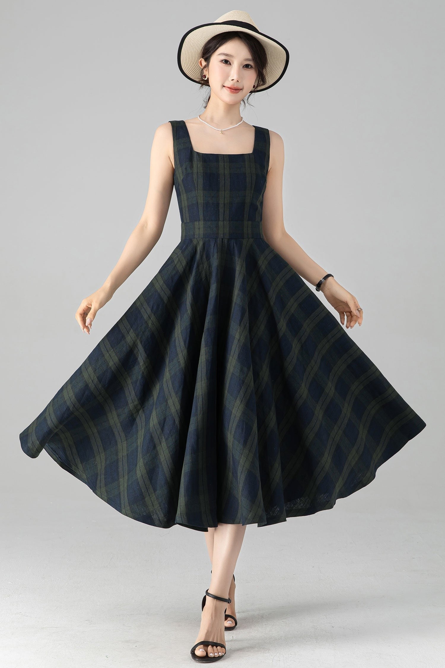 Plaid Linen Pinafore Midi Dress – Fit & Flare with Pockets