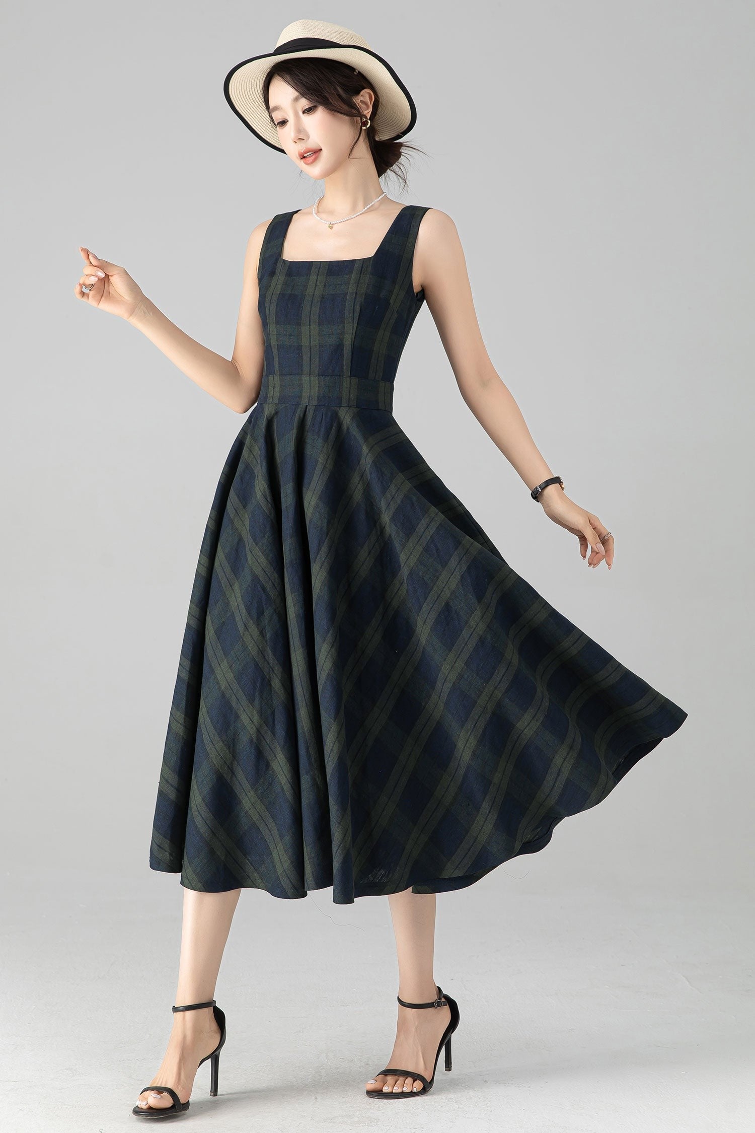 Plaid Linen Pinafore Midi Dress – Fit & Flare with Pockets