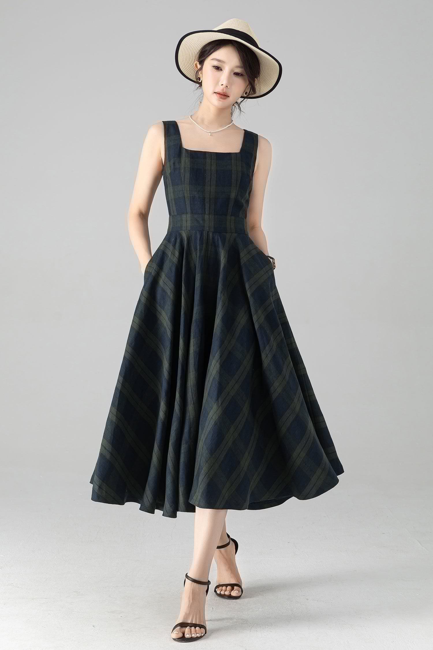 Plaid Linen Pinafore Midi Dress – Fit & Flare with Pockets