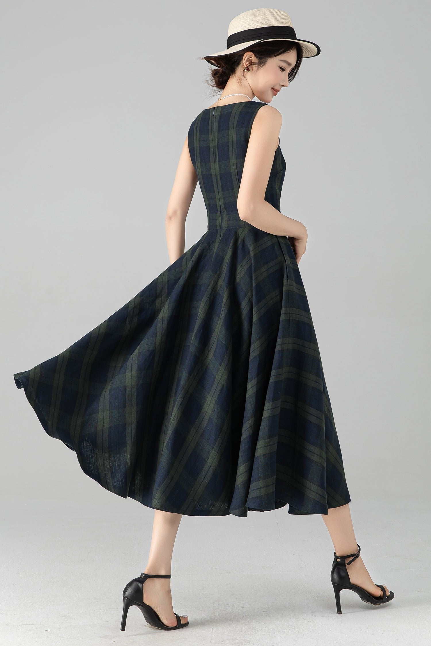 Plaid Linen Pinafore Midi Dress – Fit & Flare with Pockets