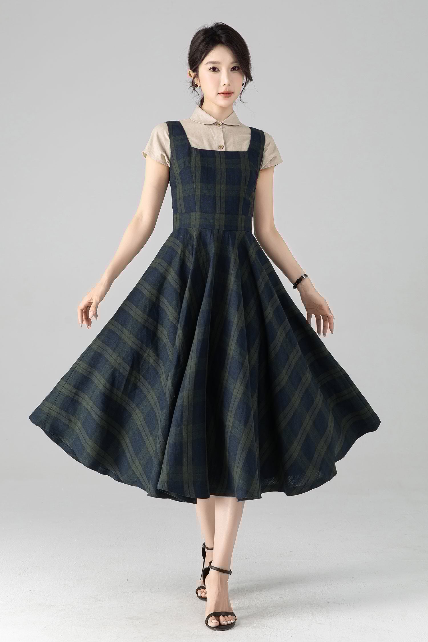 Plaid Linen Pinafore Midi Dress – Fit & Flare with Pockets