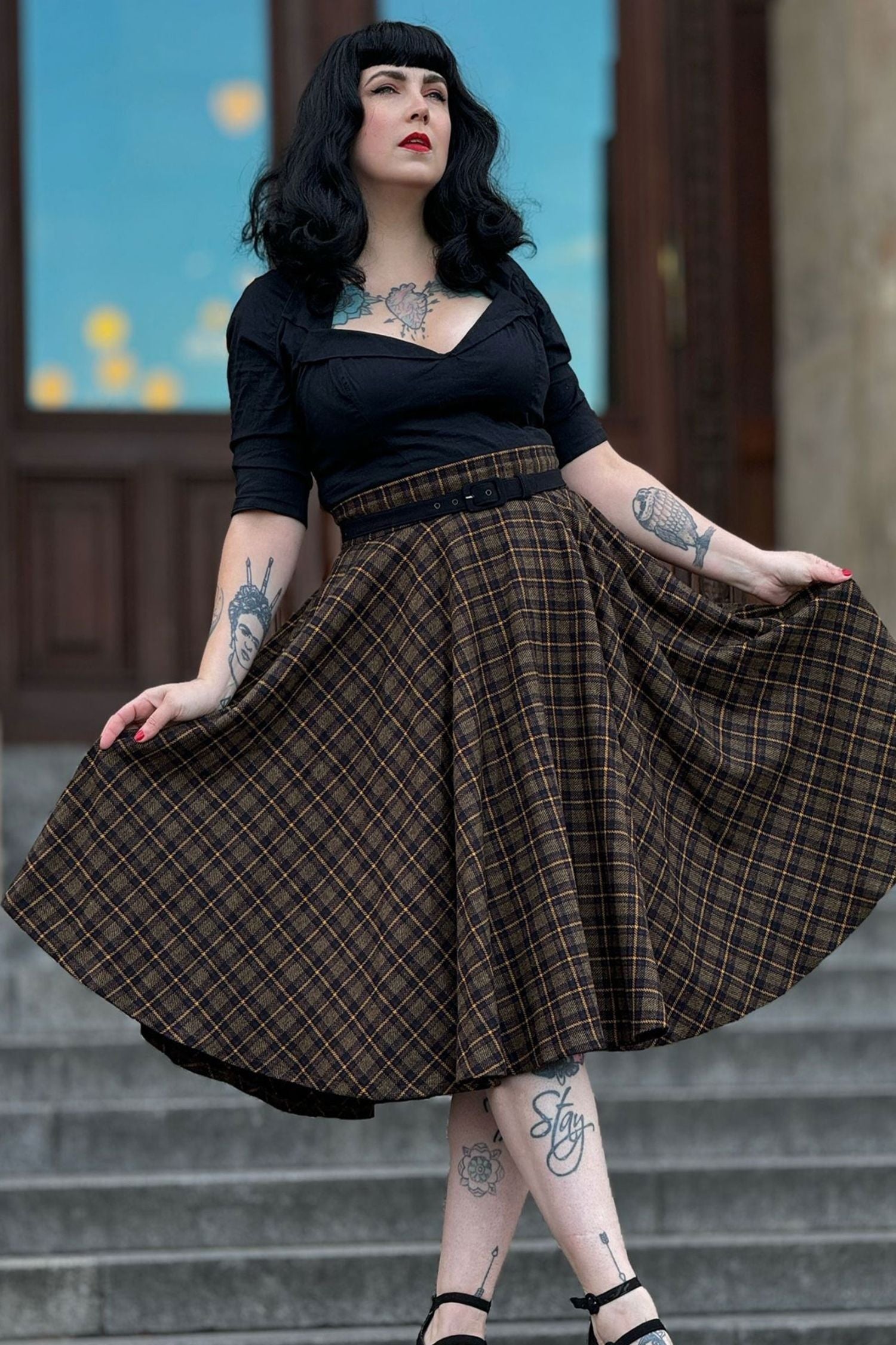 Plaid Midi Wool Skirt – High Waist Swing Style for Cold Weather