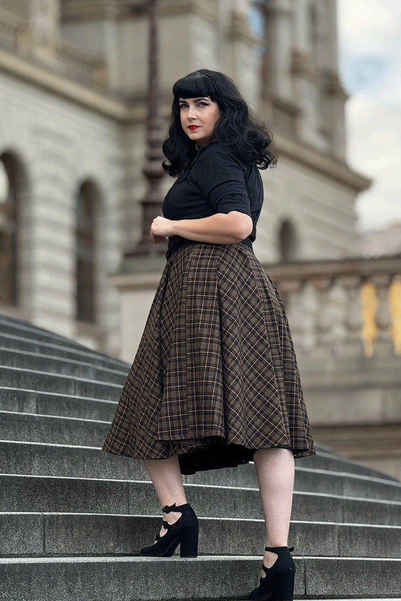 Plaid Midi Wool Skirt – High Waist Swing Style for Cold Weather