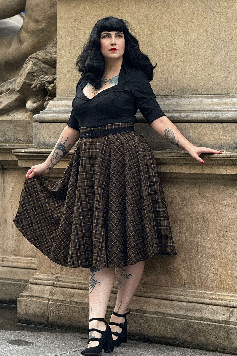 Plaid Midi Wool Skirt – High Waist Swing Style for Cold Weather