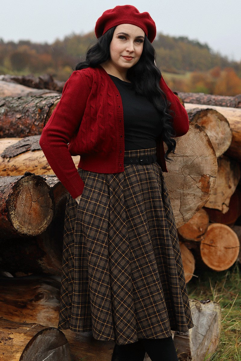 Plaid Midi Wool Skirt – High Waist Swing Style for Cold Weather