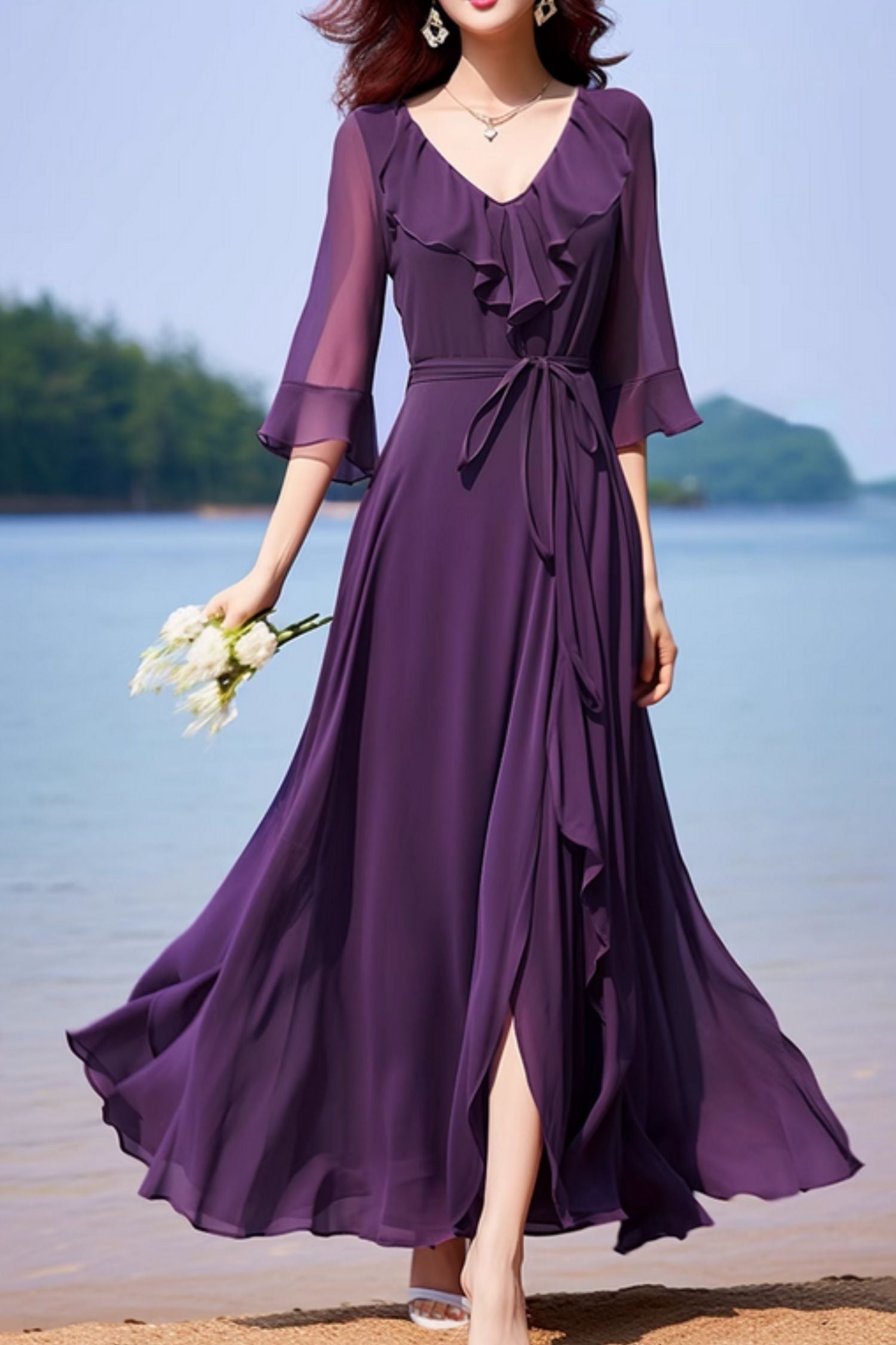 Purple Chiffon Maxi Dress – Ruffle Detail Prom & Party Gown