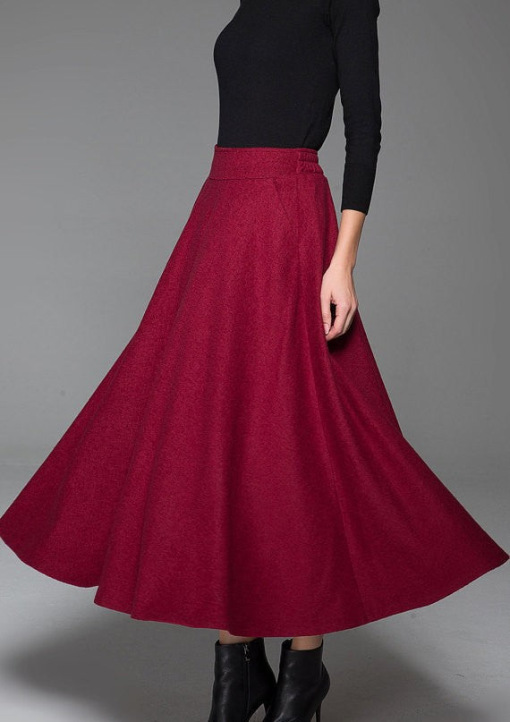 Red Wine Wool Maxi Skirt – Flared Winter Skirt with Pockets