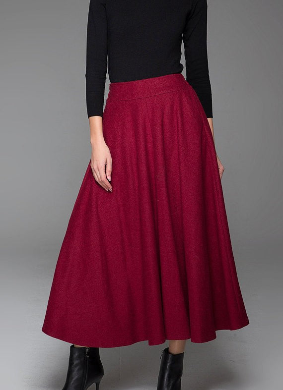 Red Wine Wool Maxi Skirt – Flared Winter Skirt with Pockets