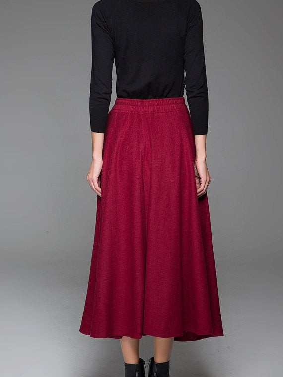 Red Wine Wool Maxi Skirt – Flared Winter Skirt with Pockets