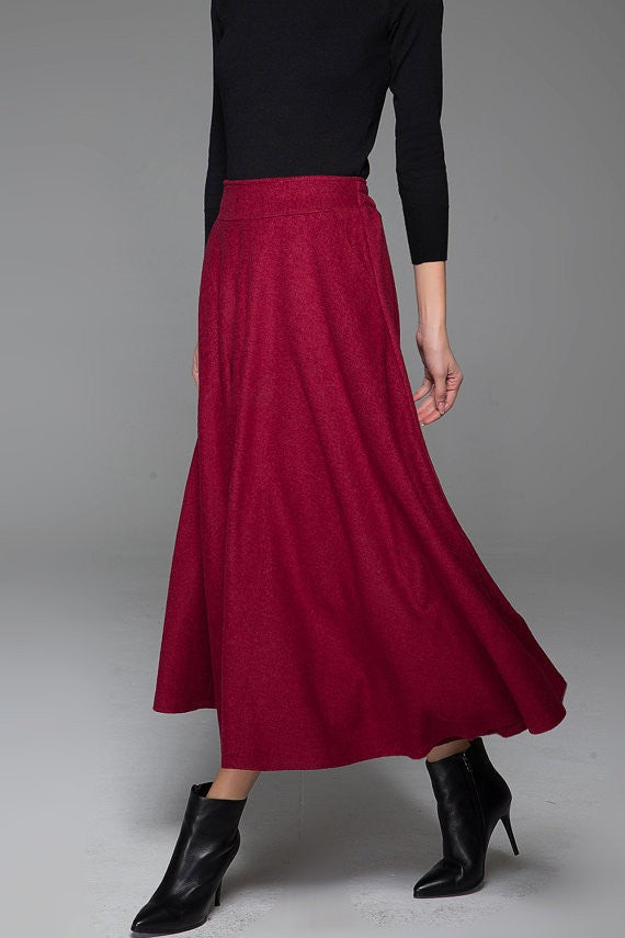 Red Wine Wool Maxi Skirt – Flared Winter Skirt with Pockets