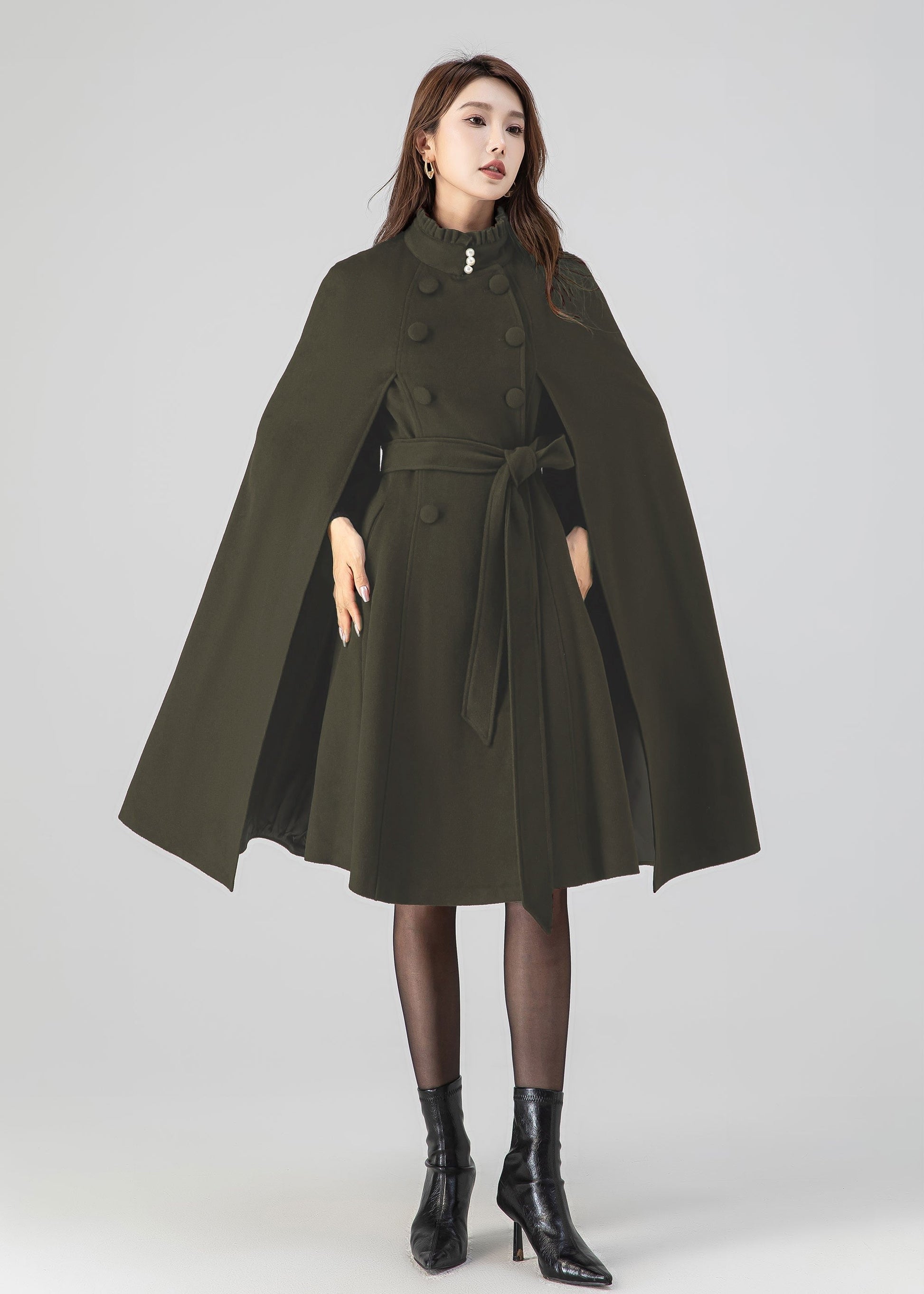 Classic Wool Cape Coat – Ruffle Collar with Belted Waist