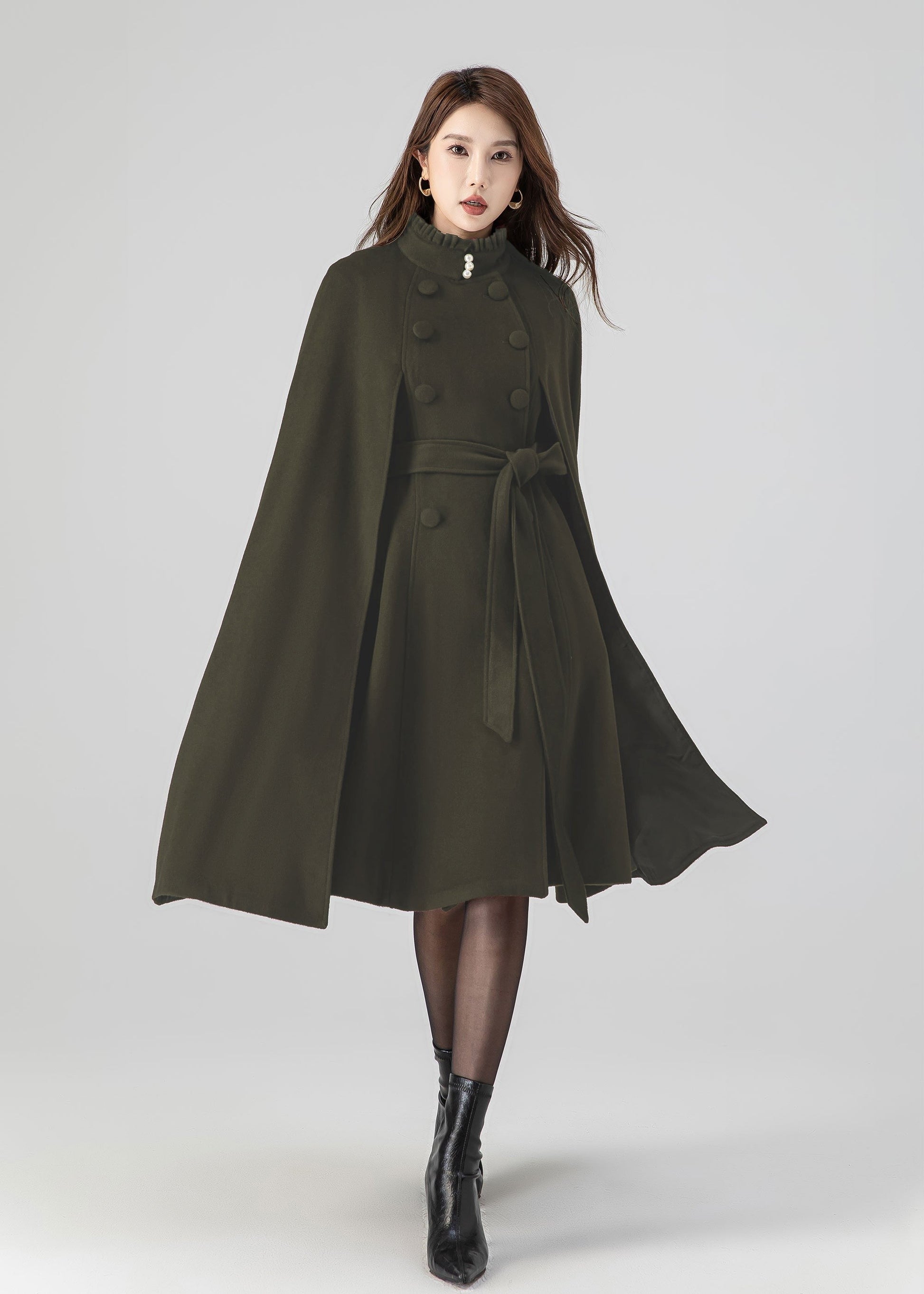 Classic Wool Cape Coat – Ruffle Collar with Belted Waist