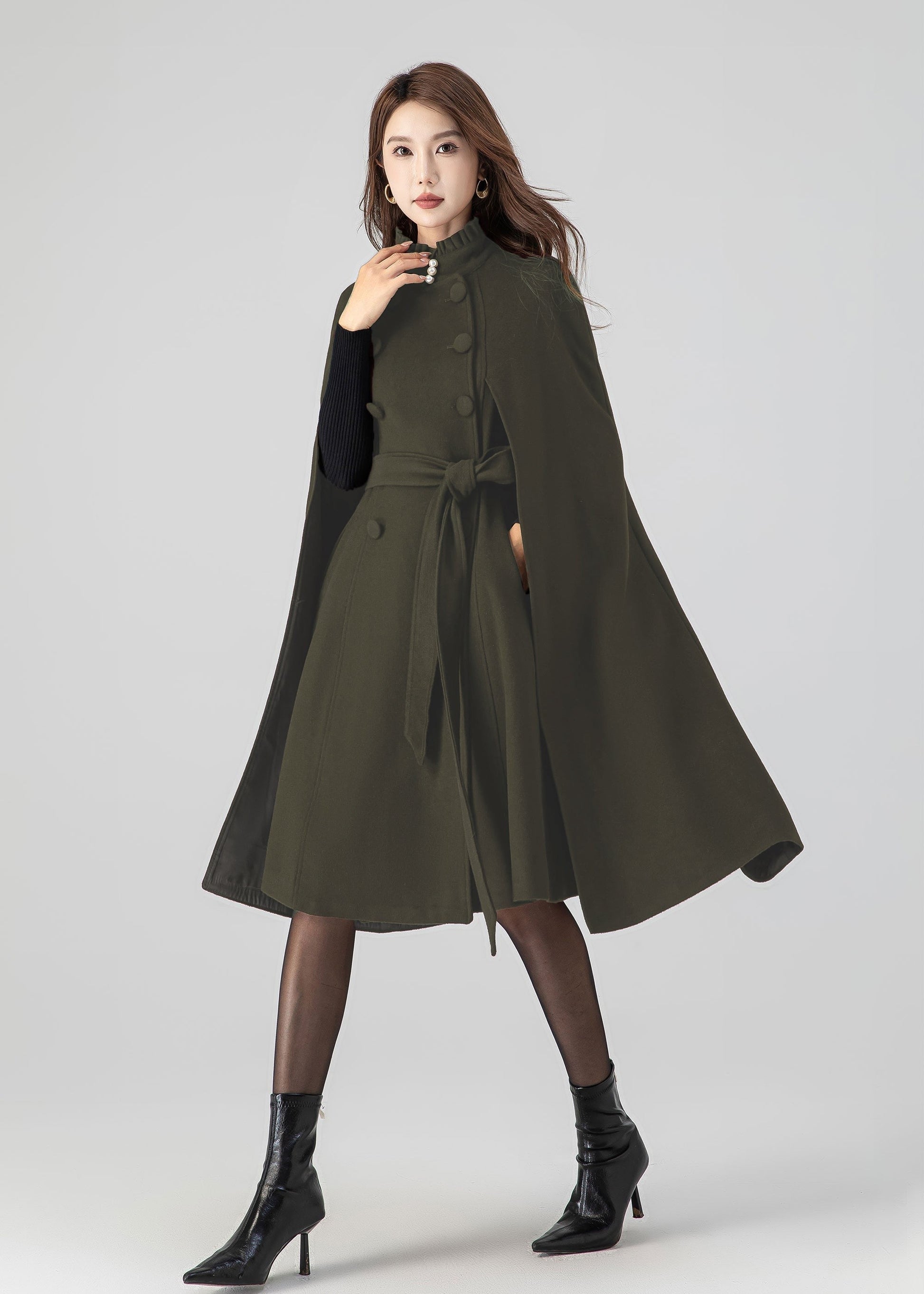 Classic Wool Cape Coat – Ruffle Collar with Belted Waist