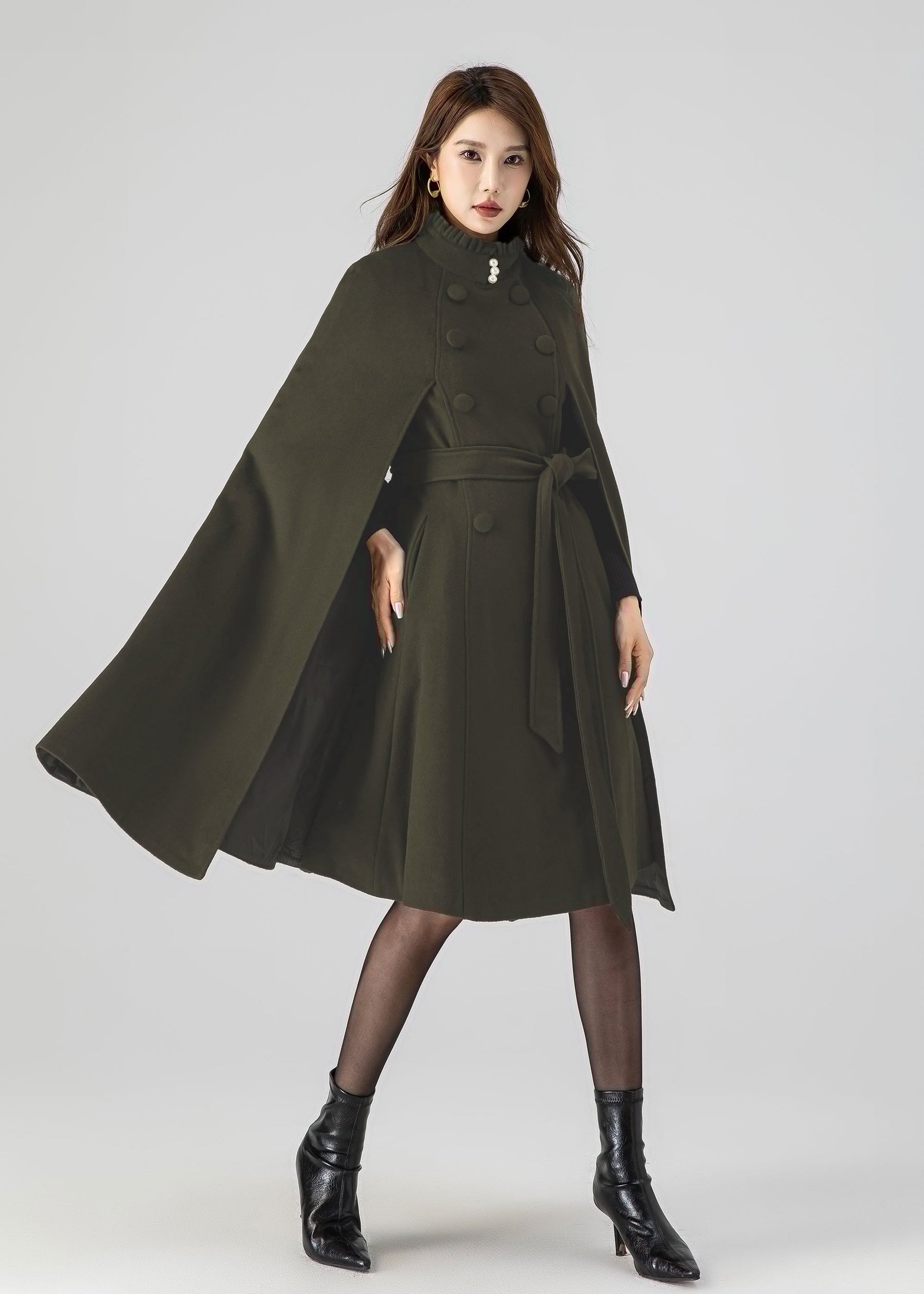 Classic Wool Cape Coat – Ruffle Collar with Belted Waist