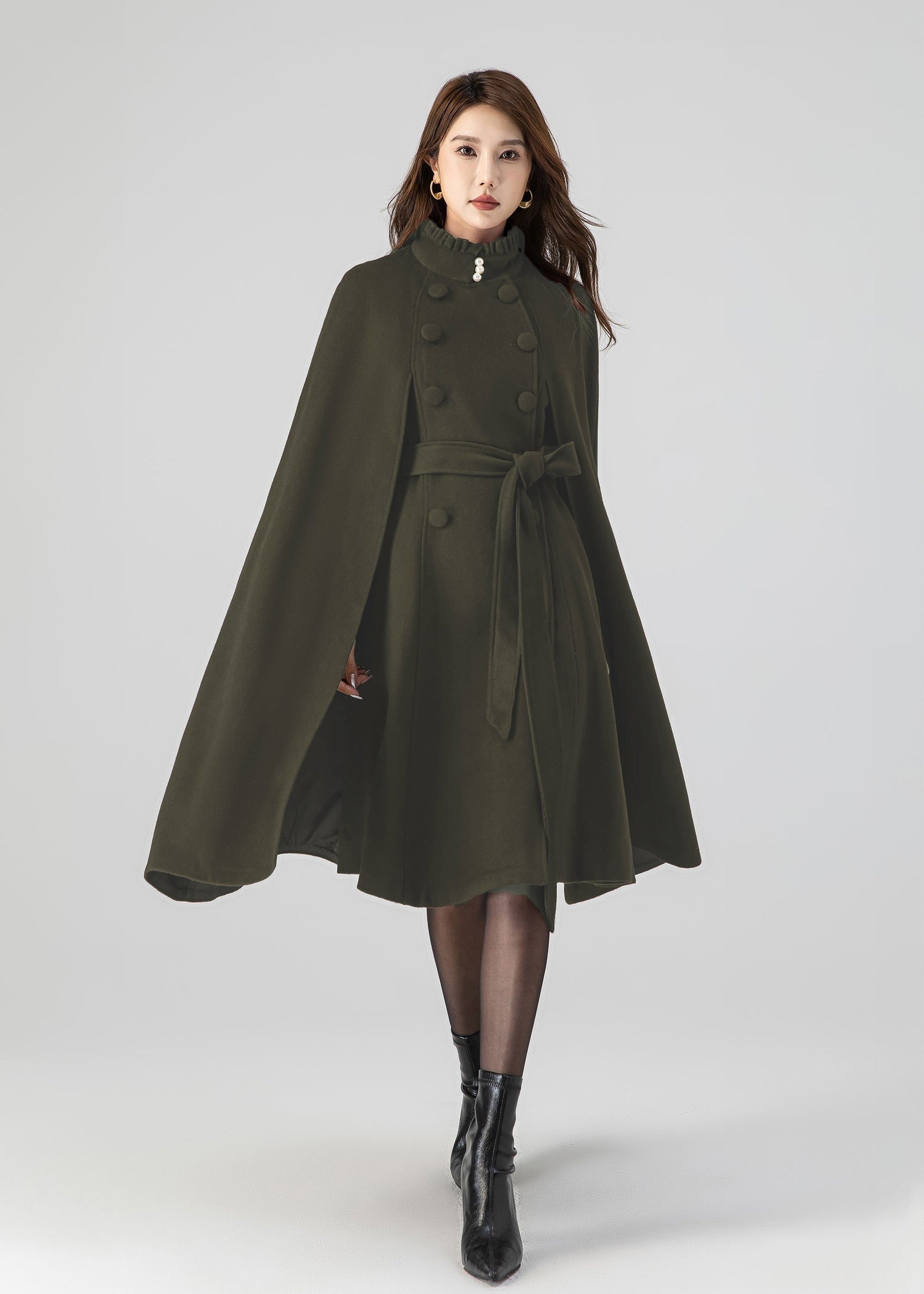 Classic Wool Cape Coat – Ruffle Collar with Belted Waist