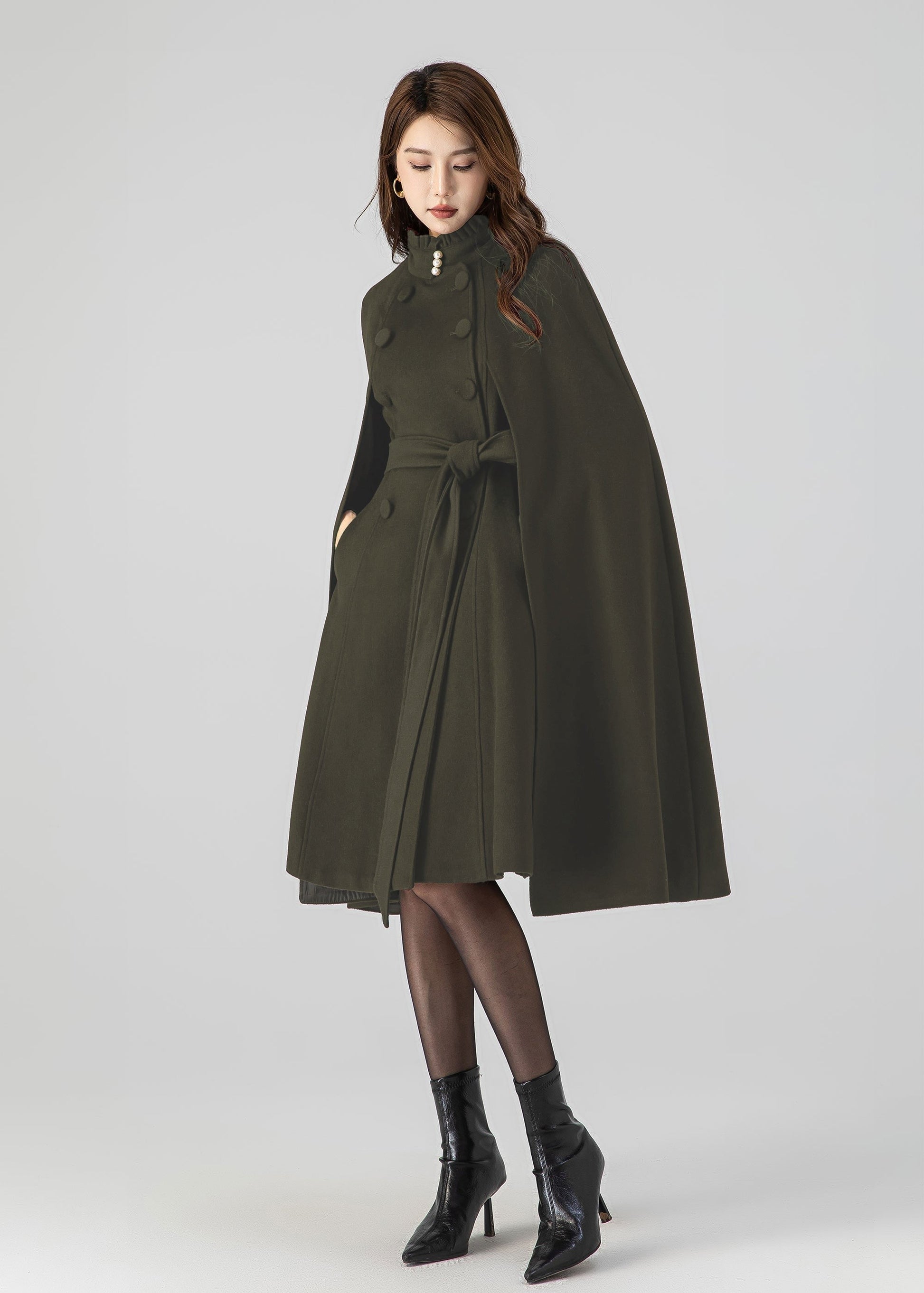 Classic Wool Cape Coat – Ruffle Collar with Belted Waist