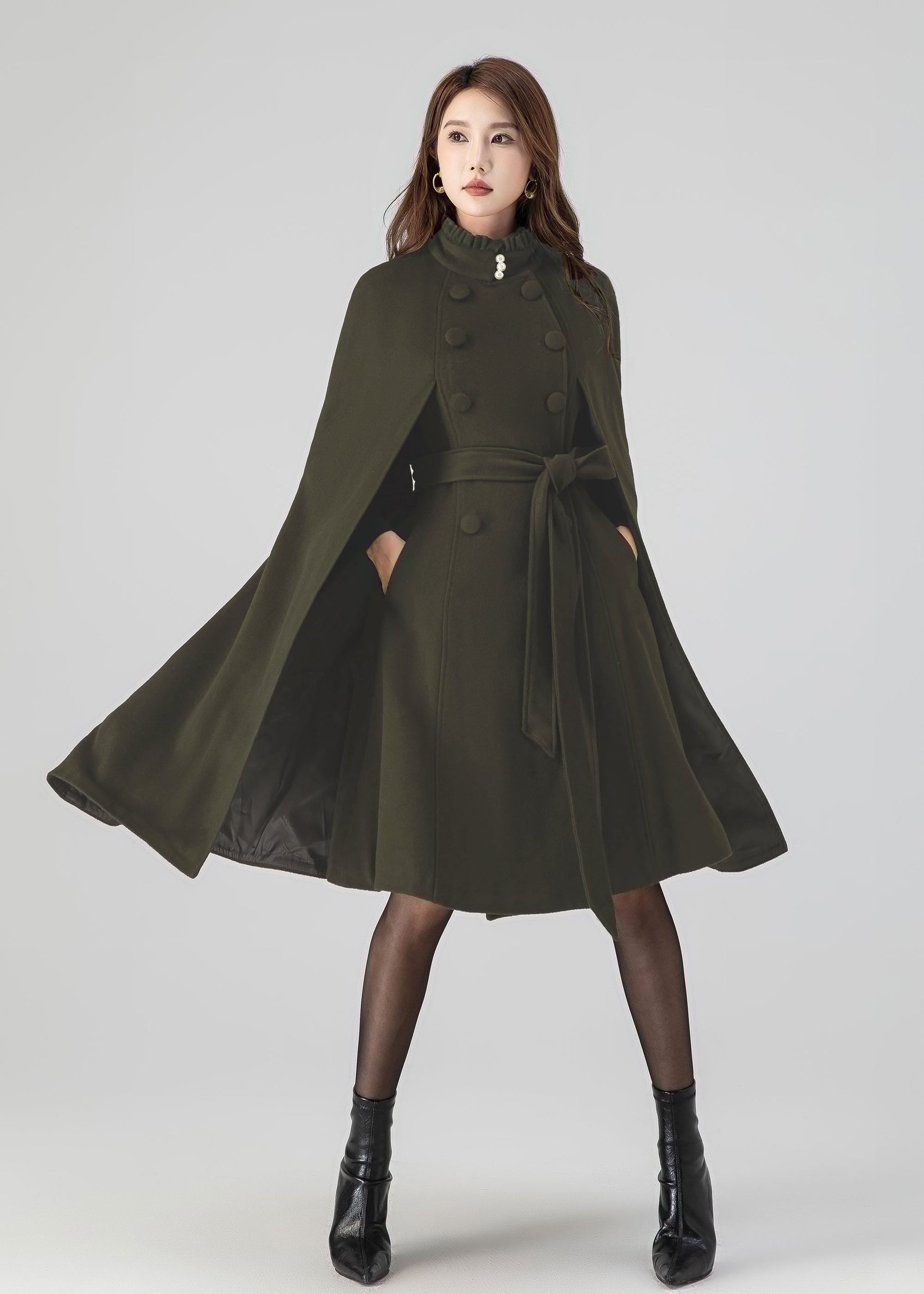 Classic Wool Cape Coat – Ruffle Collar with Belted Waist