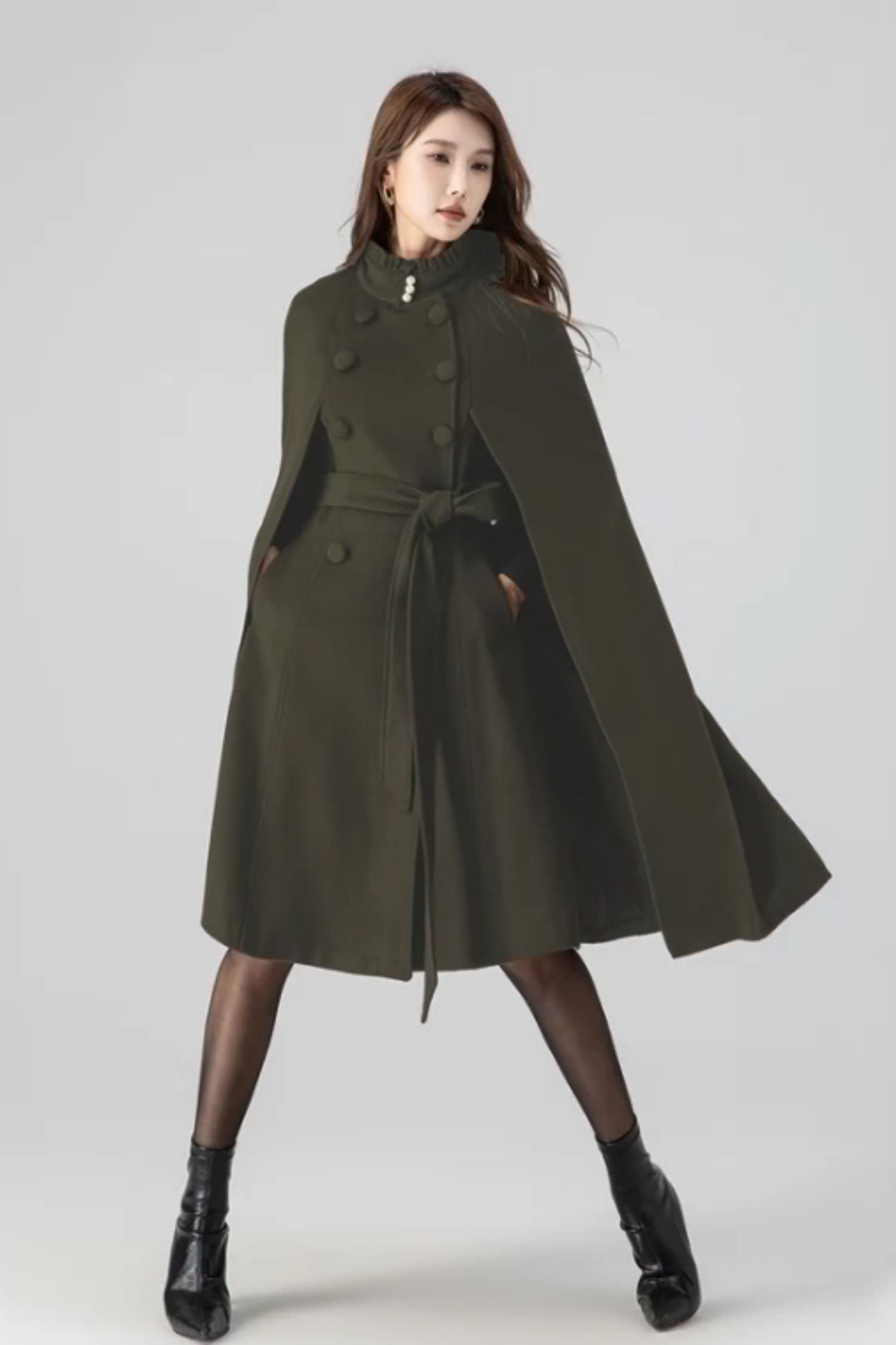 Classic Wool Cape Coat – Ruffle Collar with Belted Waist