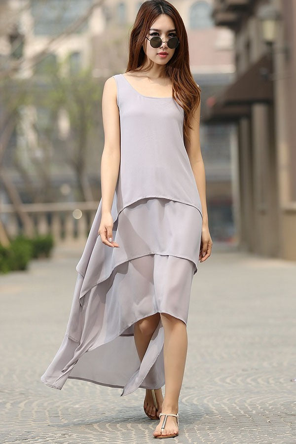 White Chiffon High-Low Dress – Sleeveless Summer Style
