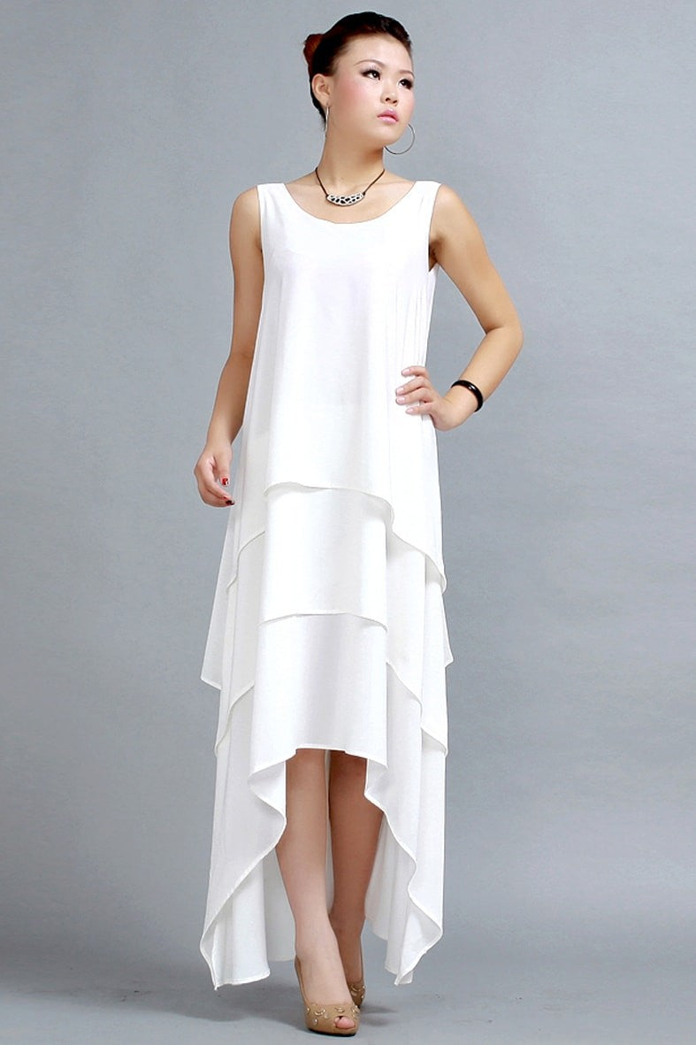 White Chiffon High-Low Dress – Sleeveless Summer Style