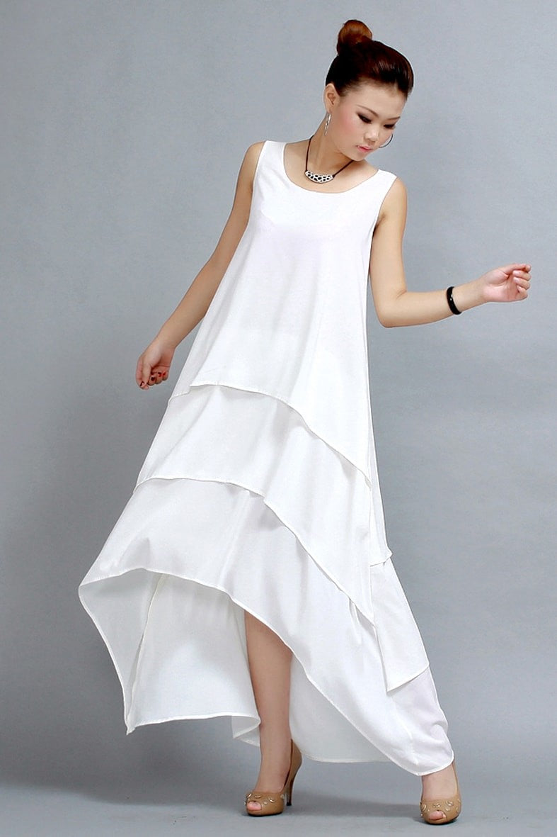 White Chiffon High-Low Dress – Sleeveless Summer Style