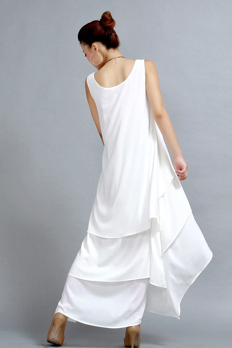 White Chiffon High-Low Dress – Sleeveless Summer Style
