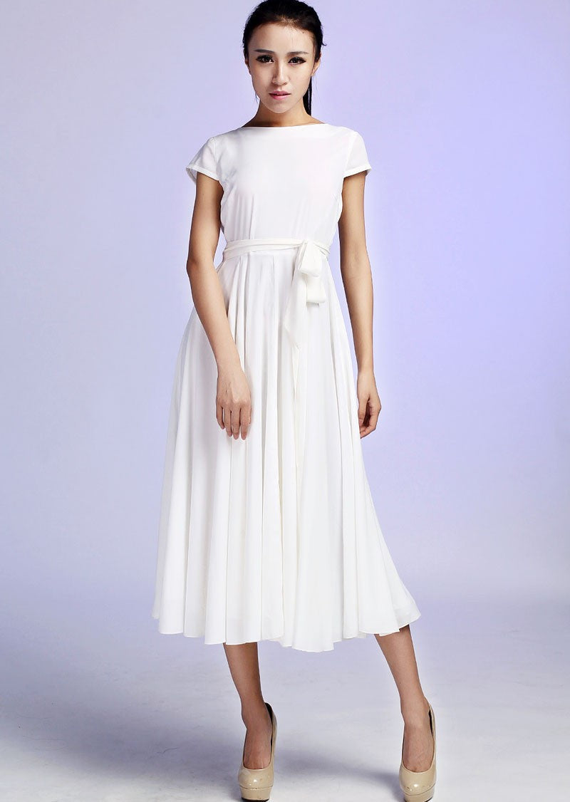White Chiffon Maxi Dress – Cap Sleeve Summer Style