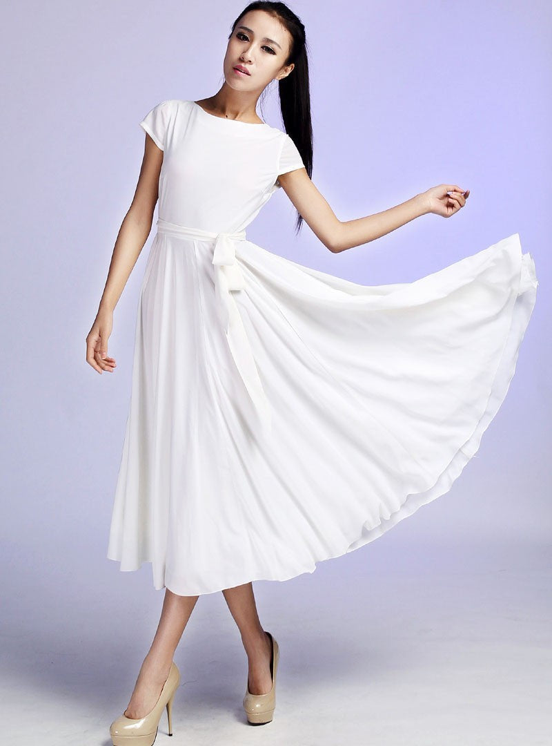 White Chiffon Maxi Dress – Cap Sleeve Summer Style