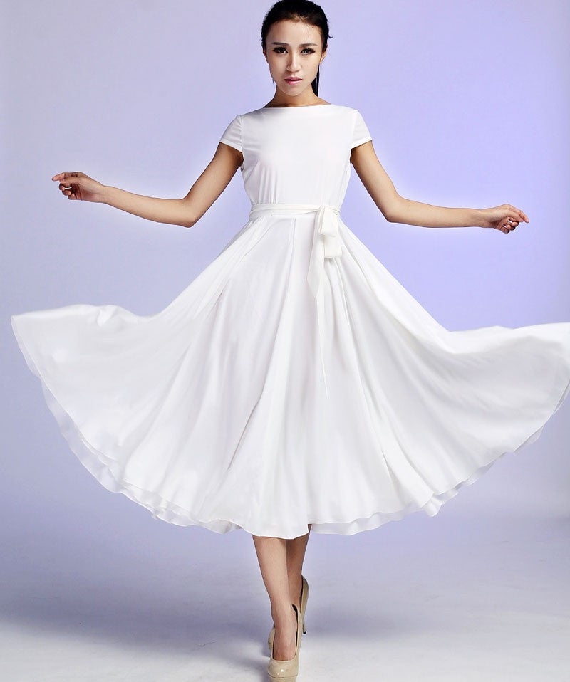 White Chiffon Maxi Dress – Cap Sleeve Summer Style
