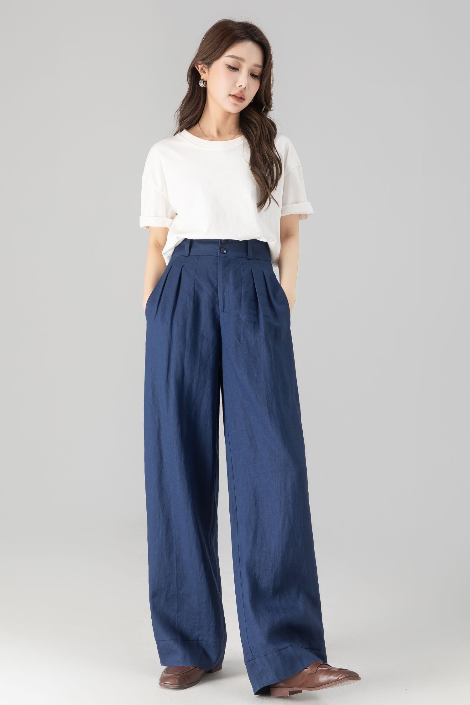 Wide Leg Palazzo Pants – Linen Cotton Blend with Pockets