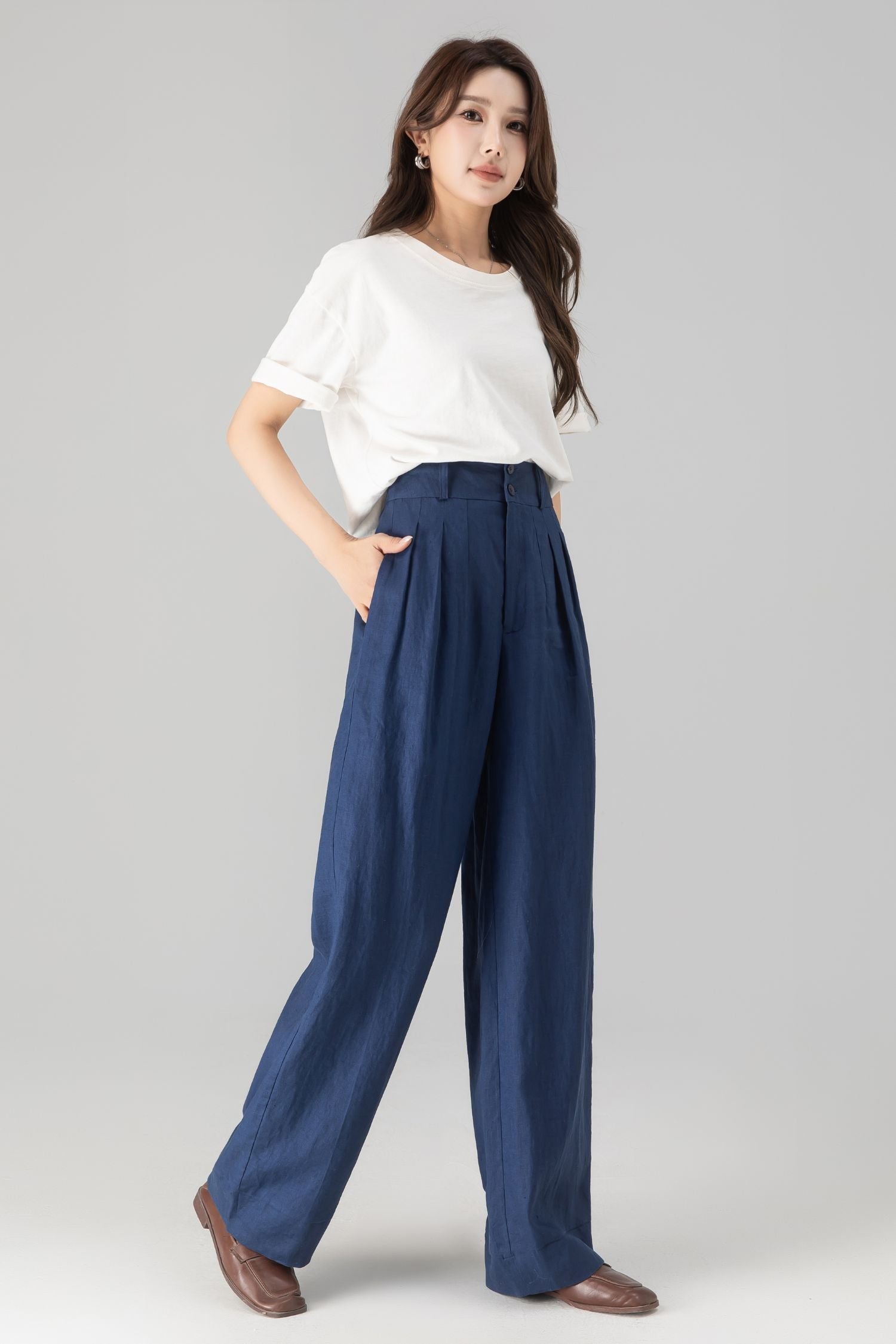 Wide Leg Palazzo Pants – Linen Cotton Blend with Pockets