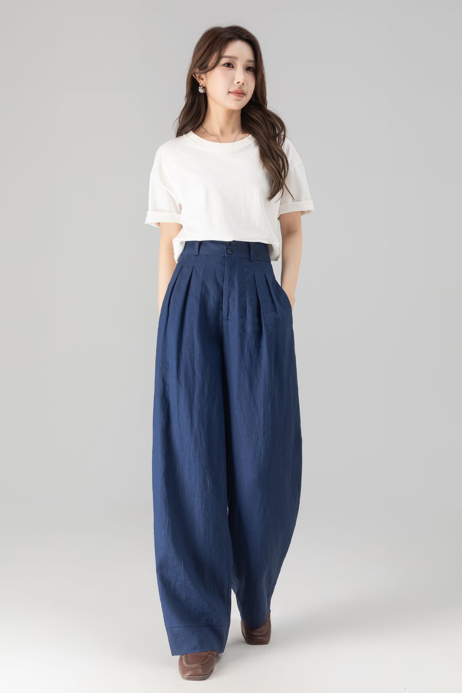 Wide Leg Palazzo Pants – Linen Cotton Blend with Pockets